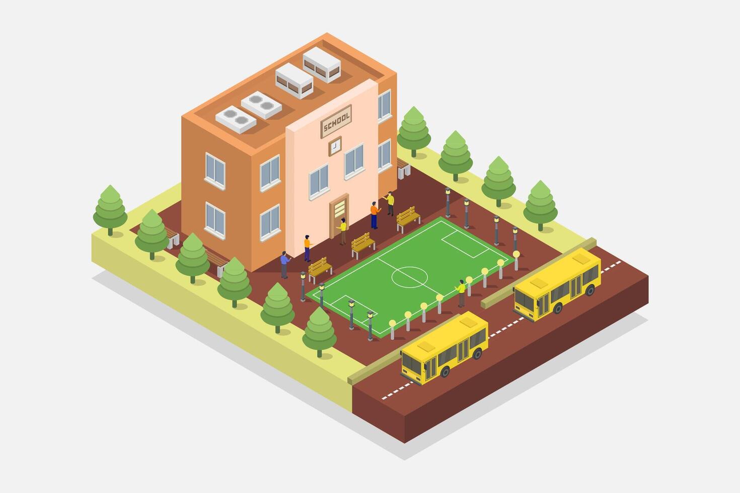 Isometric school building illustrated with bus vector