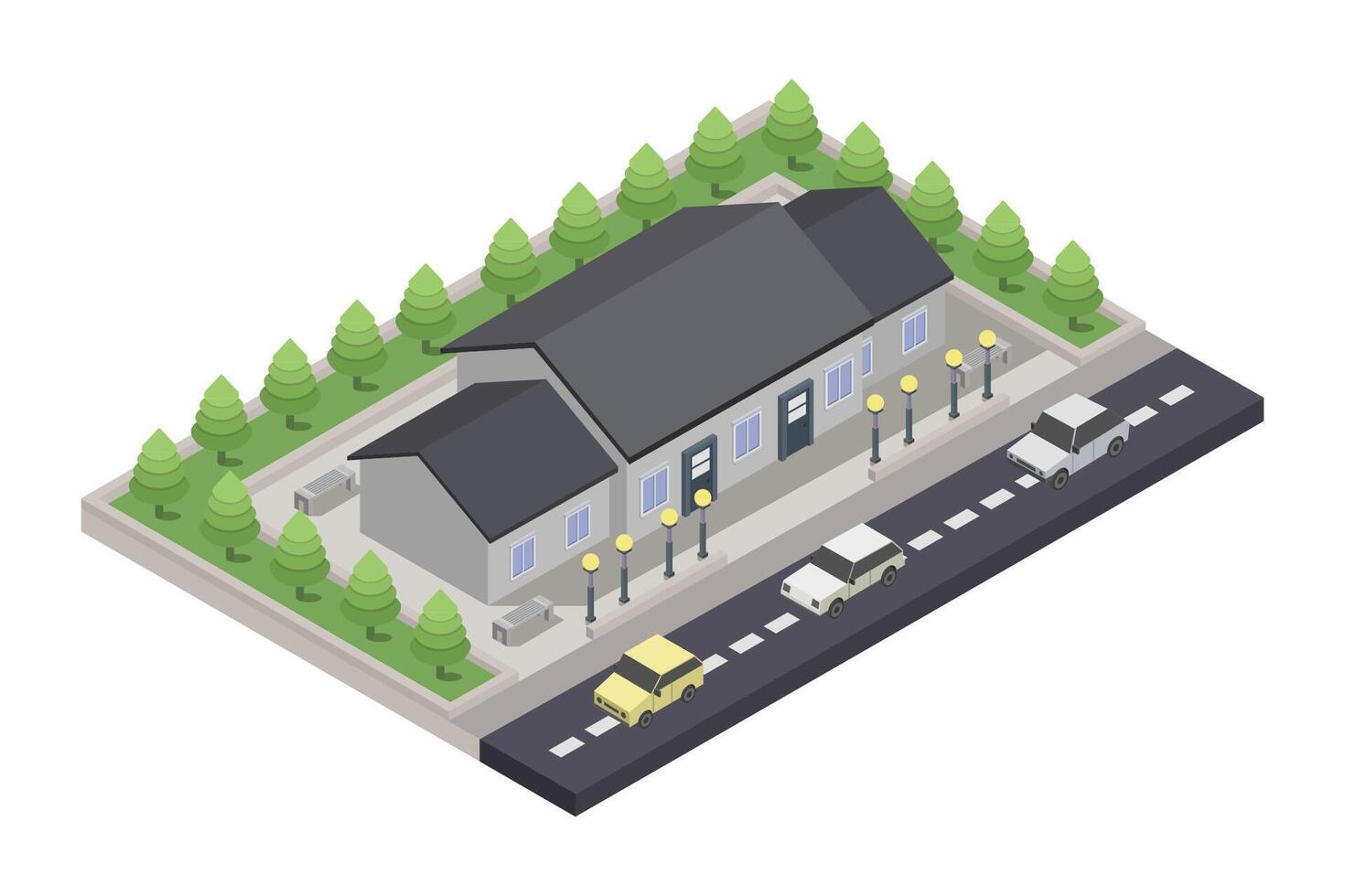 House isometric illustrated with cars vector