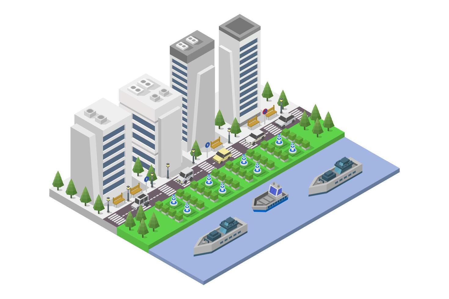 City on the river bank isometric illustrated vector