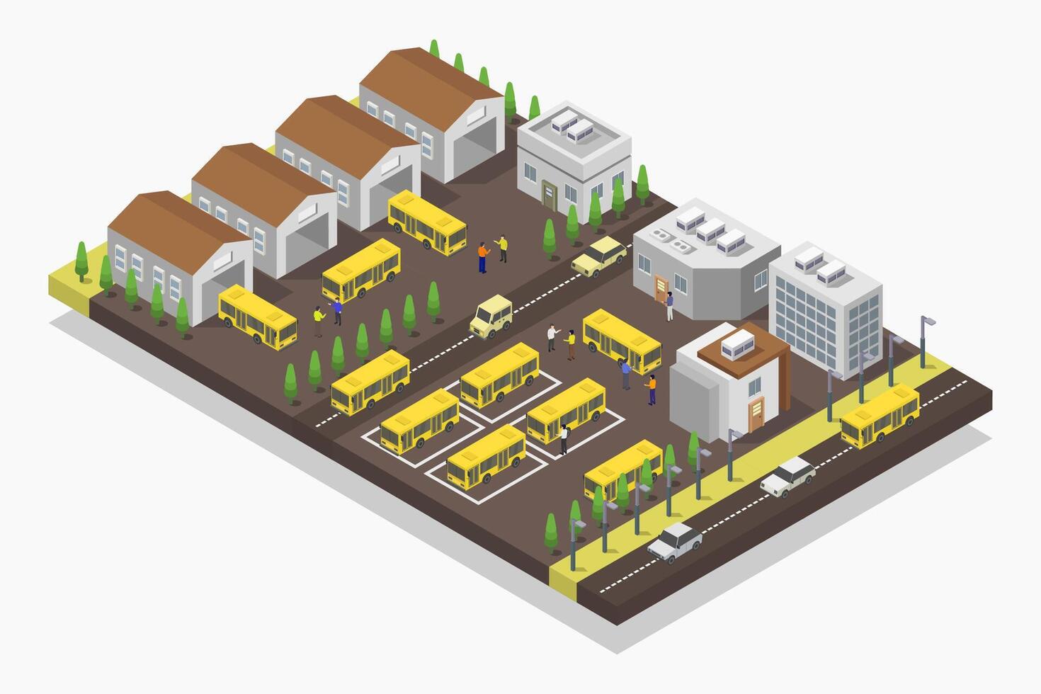 Bus depot isometric illustrated vector