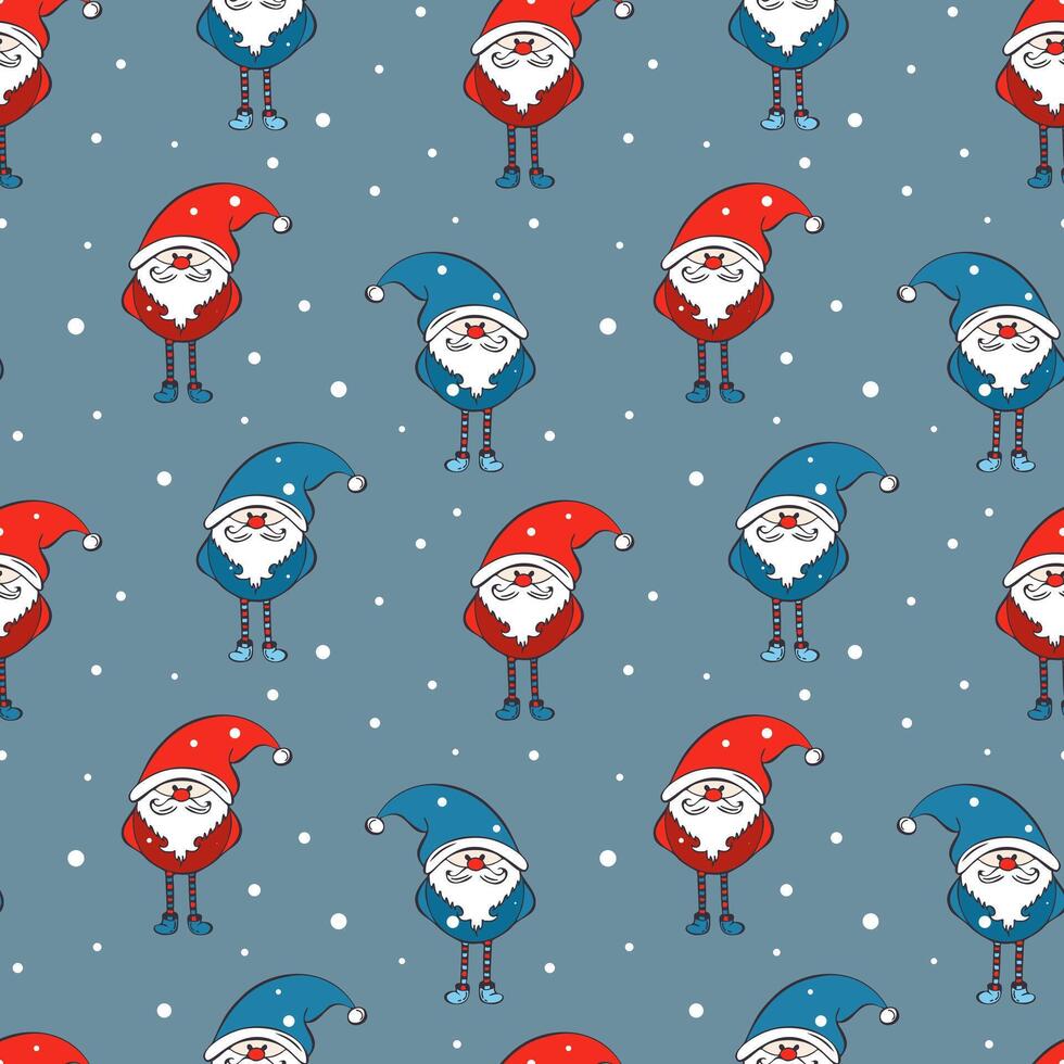 Gnomes pattern, hand drawn red and blue gnomes, dwarves or elves, snow falling, Santa Claus, on soft dark background. vector