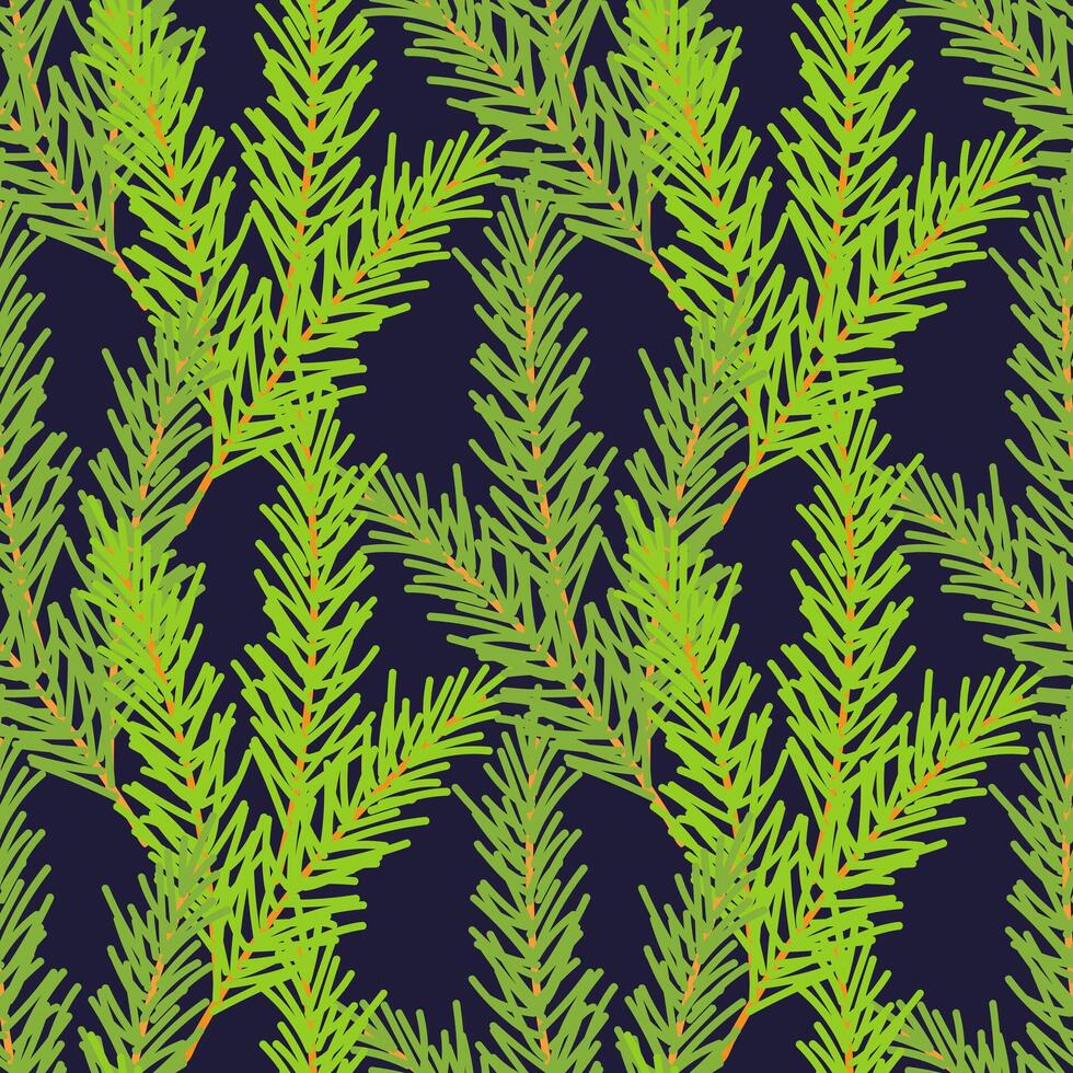 Fir branches pattern, coniferous green branches, Christmas holiday background, backdrop, backing, on dark background. vector