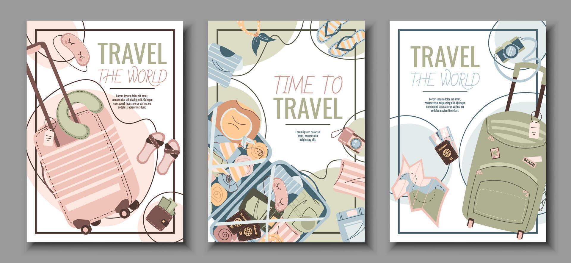 Set of tourist flyers. Posters with open luggage and clothes. Travel around the world, summer vacation. Banners for a travel agency. vector