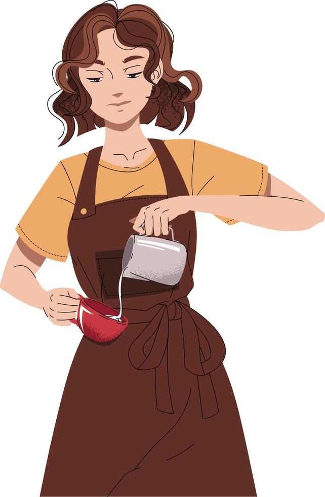 Woman preparing coffee cappuccino or latte. barista character in cartoon style on isolated background. Cafe Worker, Professional, Espresso. vector
