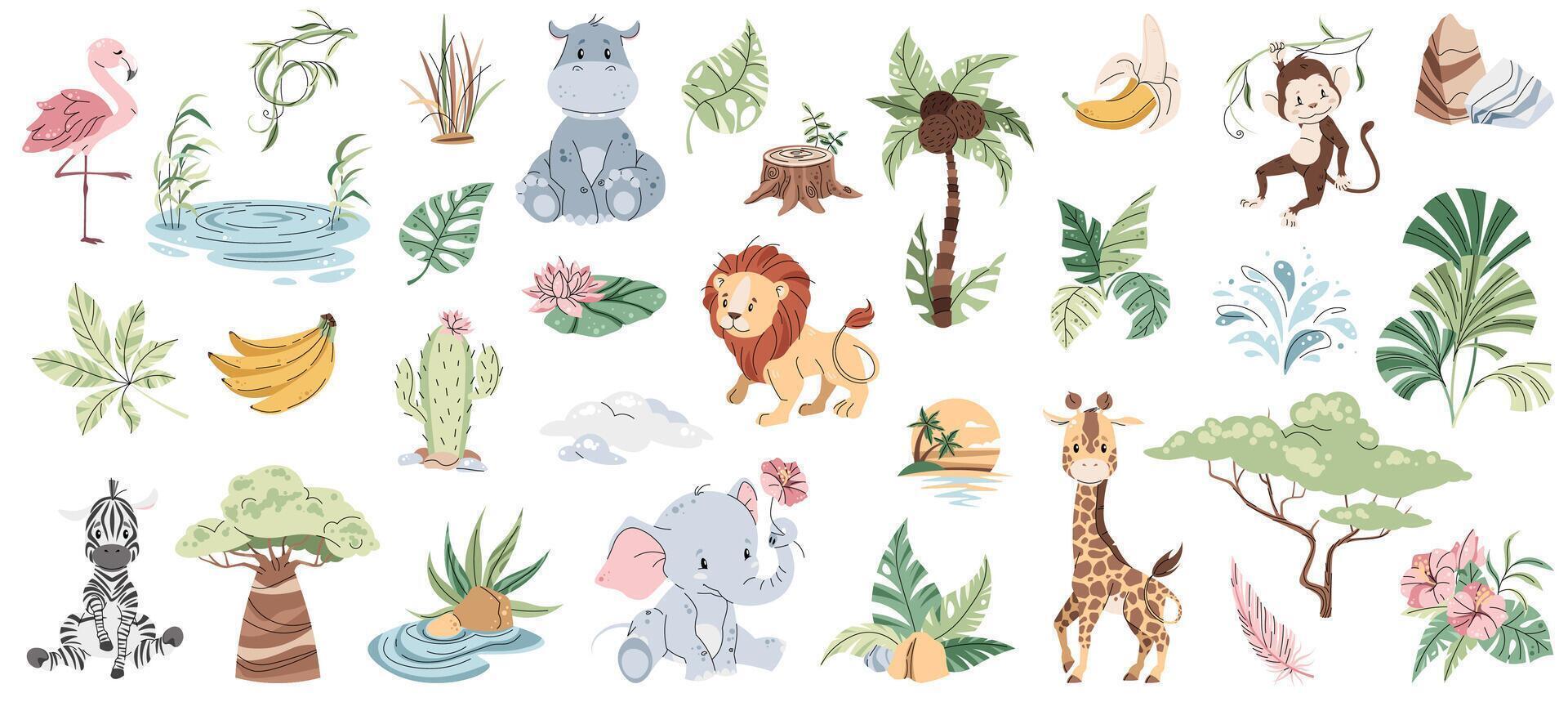 Set of African animals and plants on white background. Illustration of cute savannah animals in flat cartoon style. Safari collection. clipart for clothes, fabric, greeting cards, stickers, etc vector