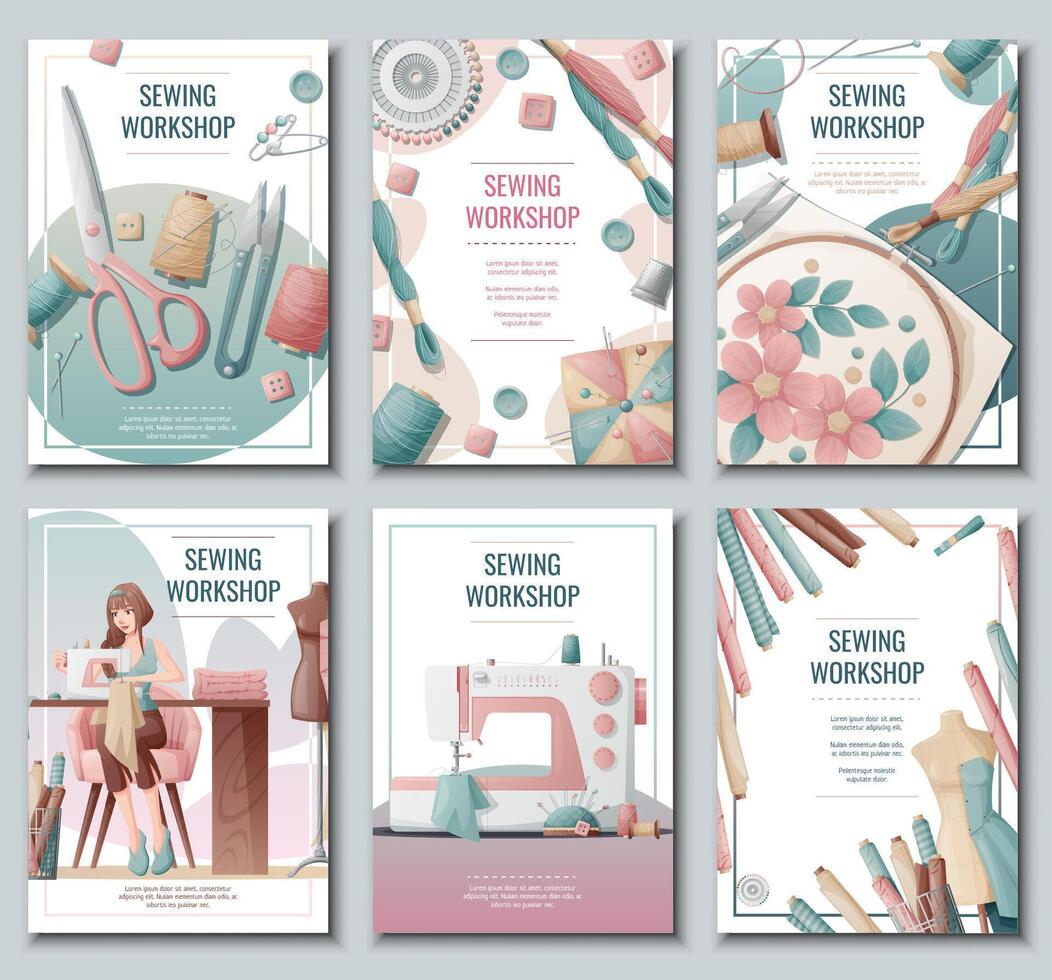 Set of flyer templates with sewing supplies. Banner, poster with a girl creating clothes on a sewing machine. Background for a sewing workshop, atelier, tailoring courses, tailoring. vector