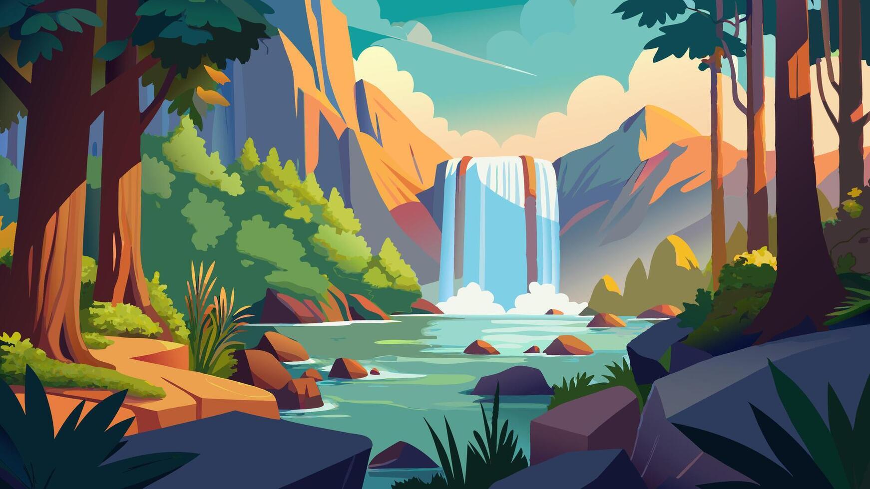 Beautiful cartoon illustration of a waterfall in the forest vector