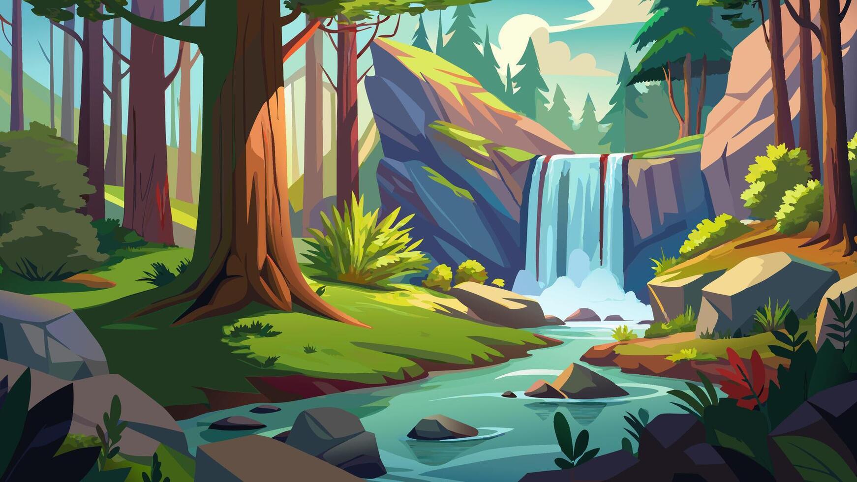 A cartoon illustration of a waterfall in the forest vector