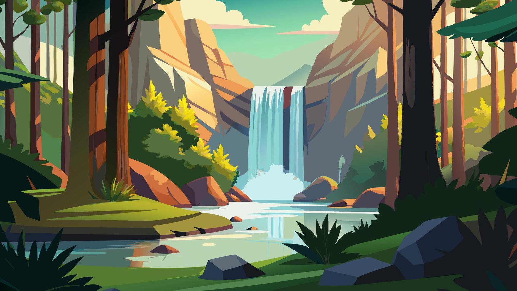 Illustration of a beautiful waterfall in the forest vector