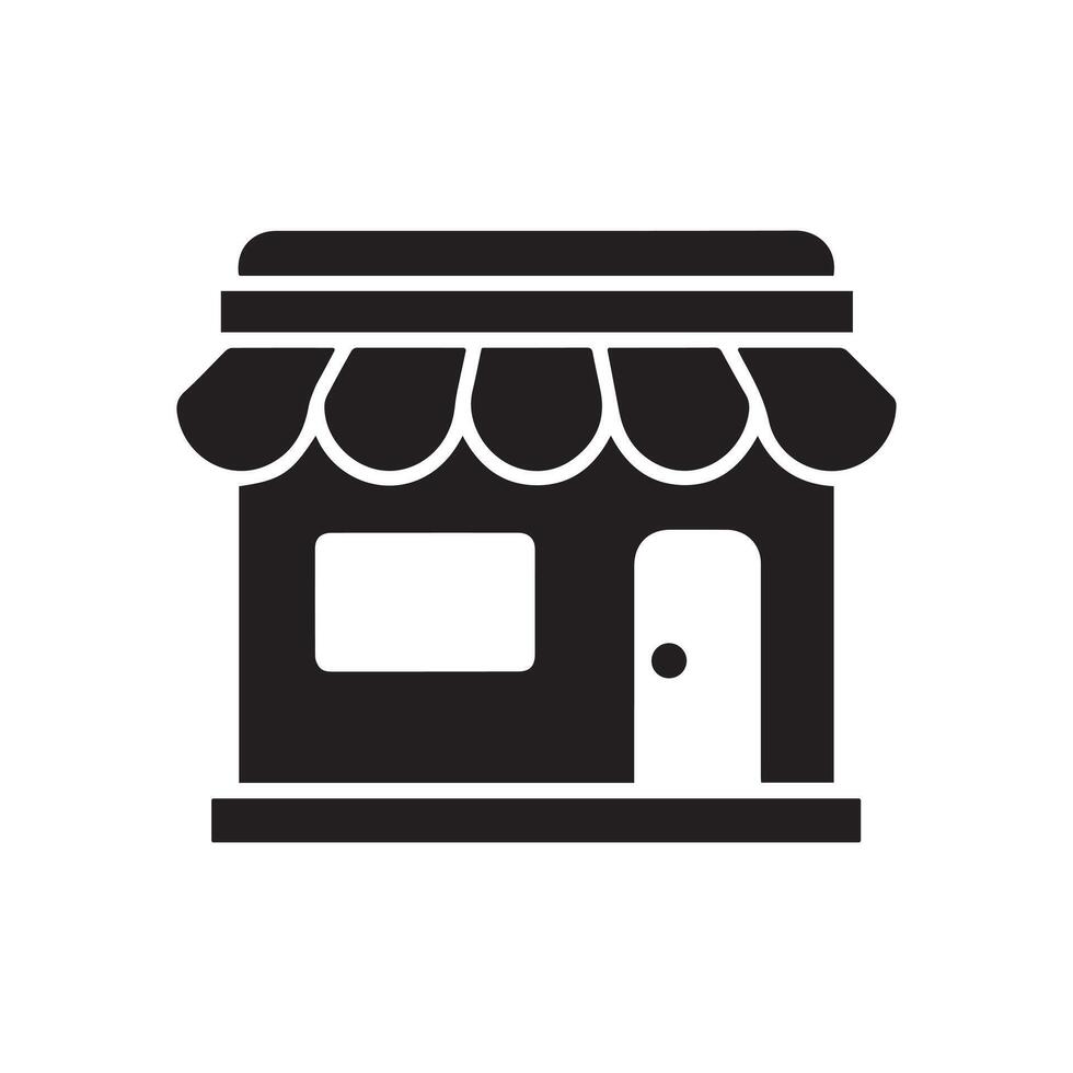 Minimalistic Black and White Storefront Icon with Awning and Door vector