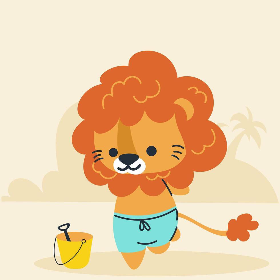 Cartoon lion on beach in flat, doodle, simple style. Design element for posters, postcards, greeting cards, wallpapers, children's clothes, fabrics, t-shirts, logos vector