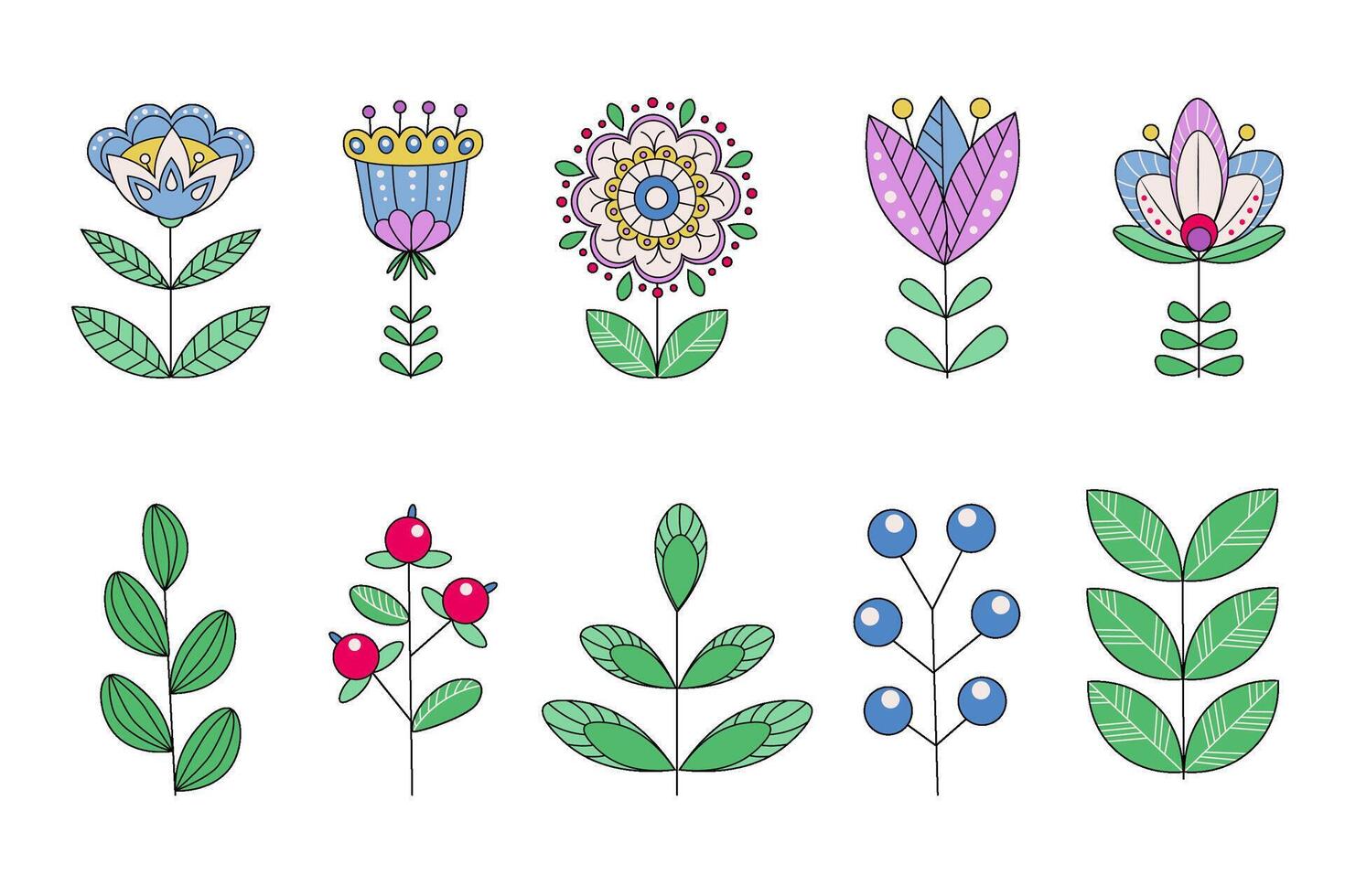A set of abstract flowers, berries and leaves in Scandinavian style, Nordic folklore, fantasy vector