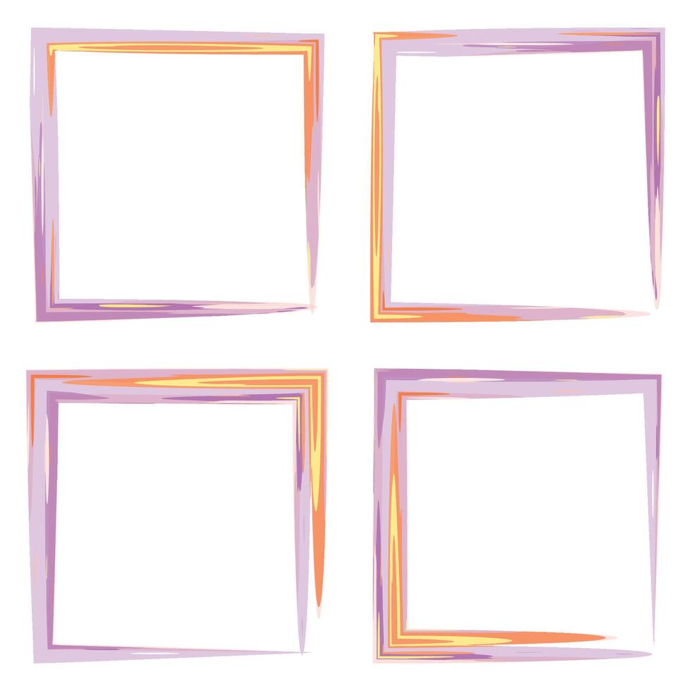 Set of artistic irregular square frames with purple, orange, and yellow tones. Border with brushstroke texture, imitating hand-drawn style. Artistic personalized touch. Modern painterly aesthetics. vector