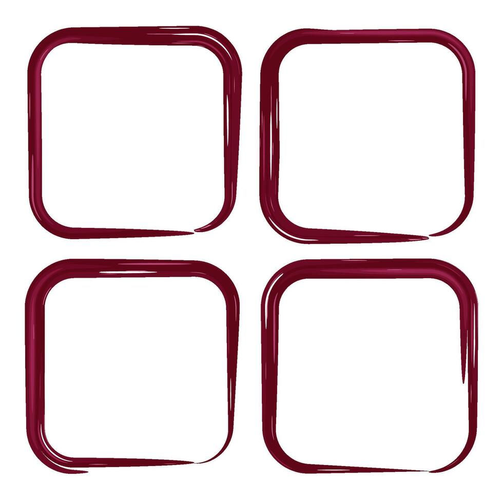 Set of four square frames drawn with thick, expressive brushstrokes in a deep red color. bold and creative accents to headers, banners, or dividers. bold and expressive element to visual projects. vector