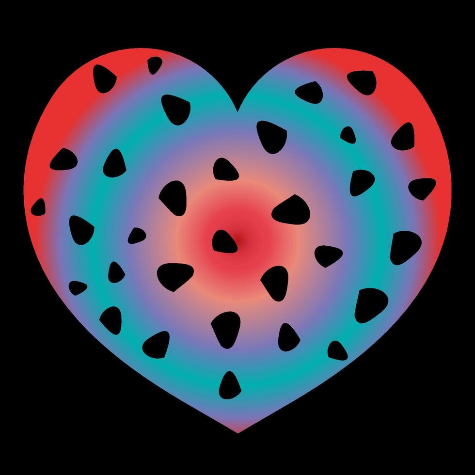 Stylized heart shape featuring a large outline with holes of various shapes. Gradient color transitions across the heart from red to blue, make striking and modern effect. Decorative hippie elements. vector