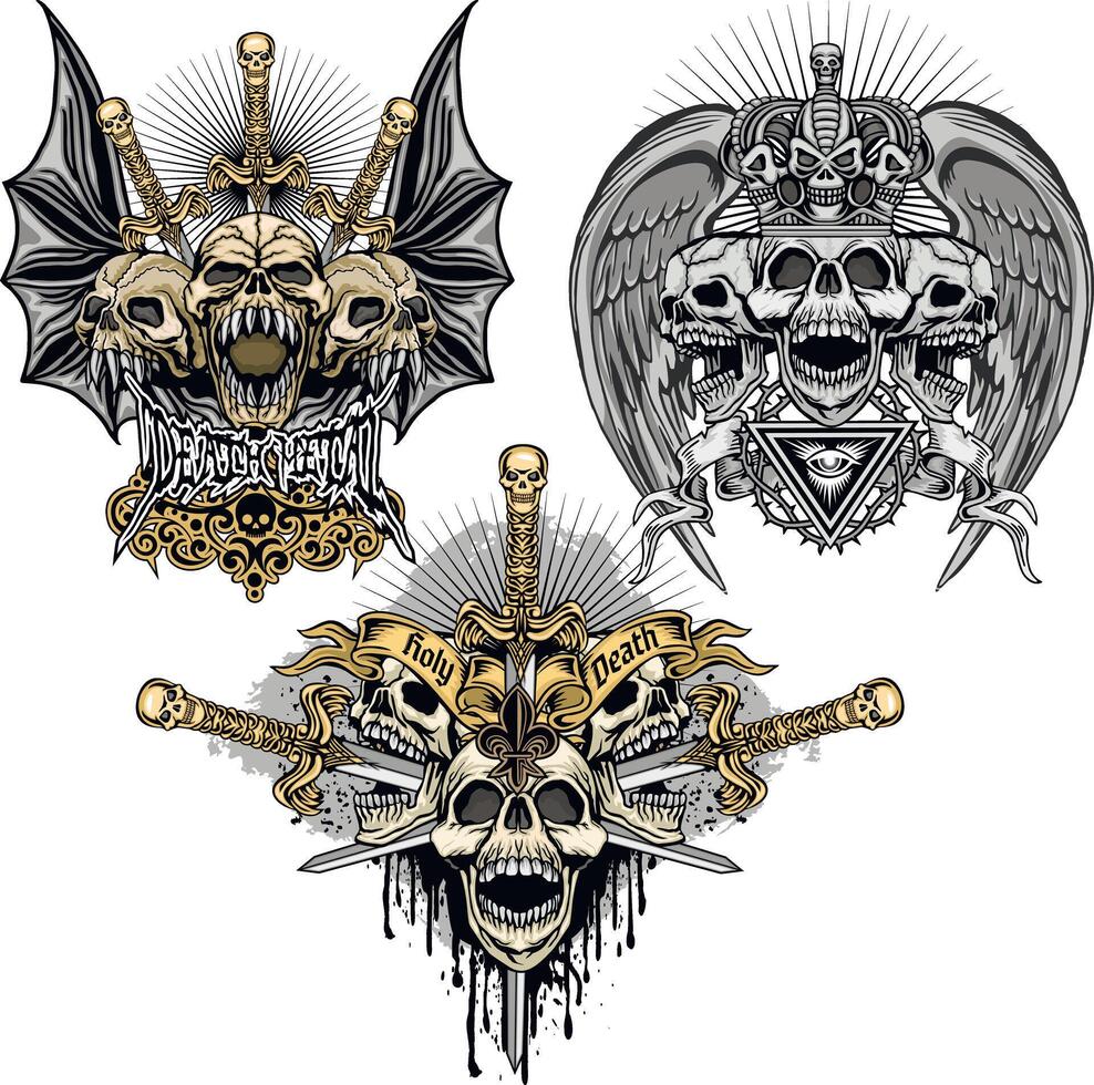 set, aggressive emblem with skull vector