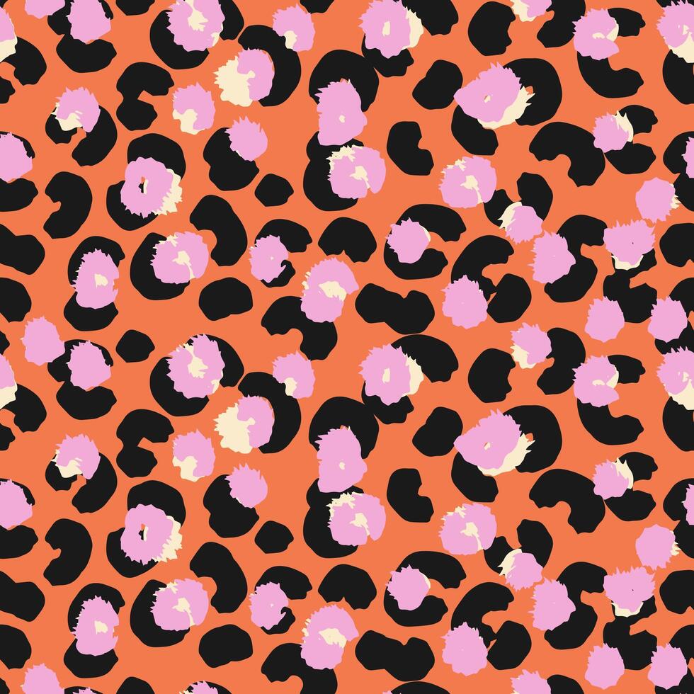 Stylish leopard inspired seamless pattern with bold black spots, pink organic shapes on a orange background. Abstract stylized print for fashion design, modern decor, and artistic branding projects. vector