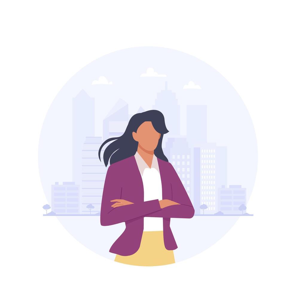 Woman in business concept. Female character in suit standing with crossed arms on the city background. Flat illustration vector