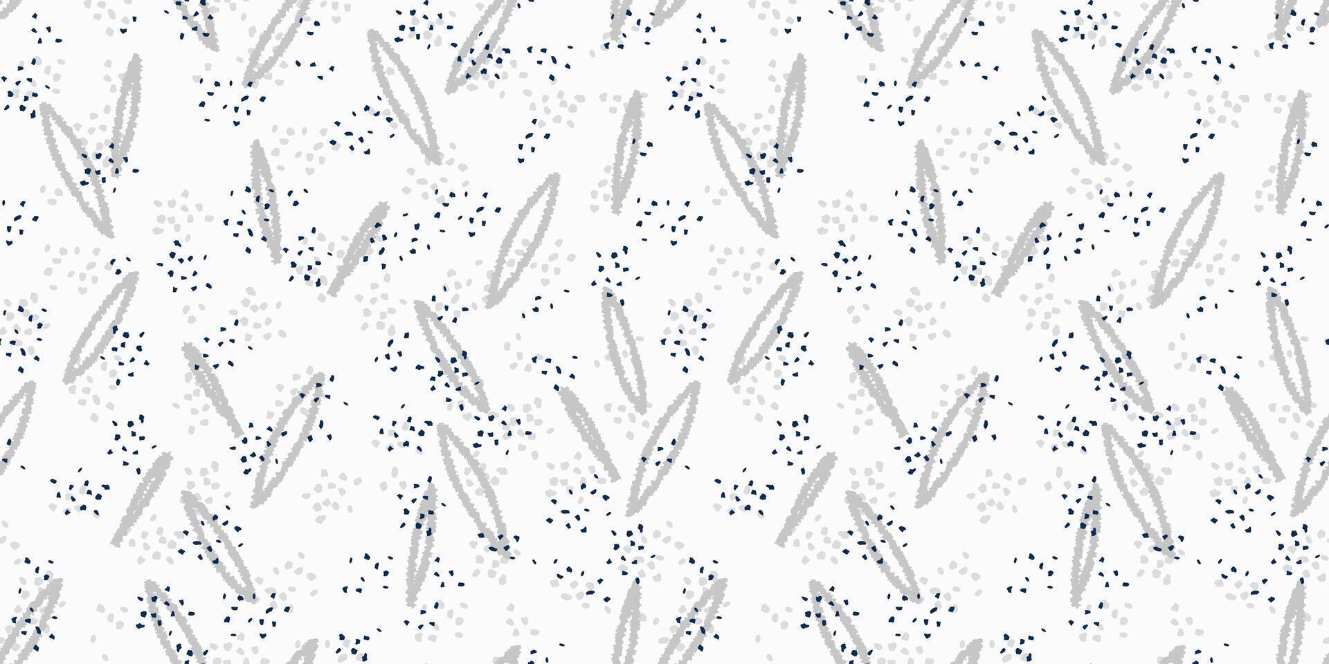 Abstract seamless pattern with hand-drawn elongated shapes and scattered dots. Light grey background print. Design for textiles, digital art, and modern design projects. vector