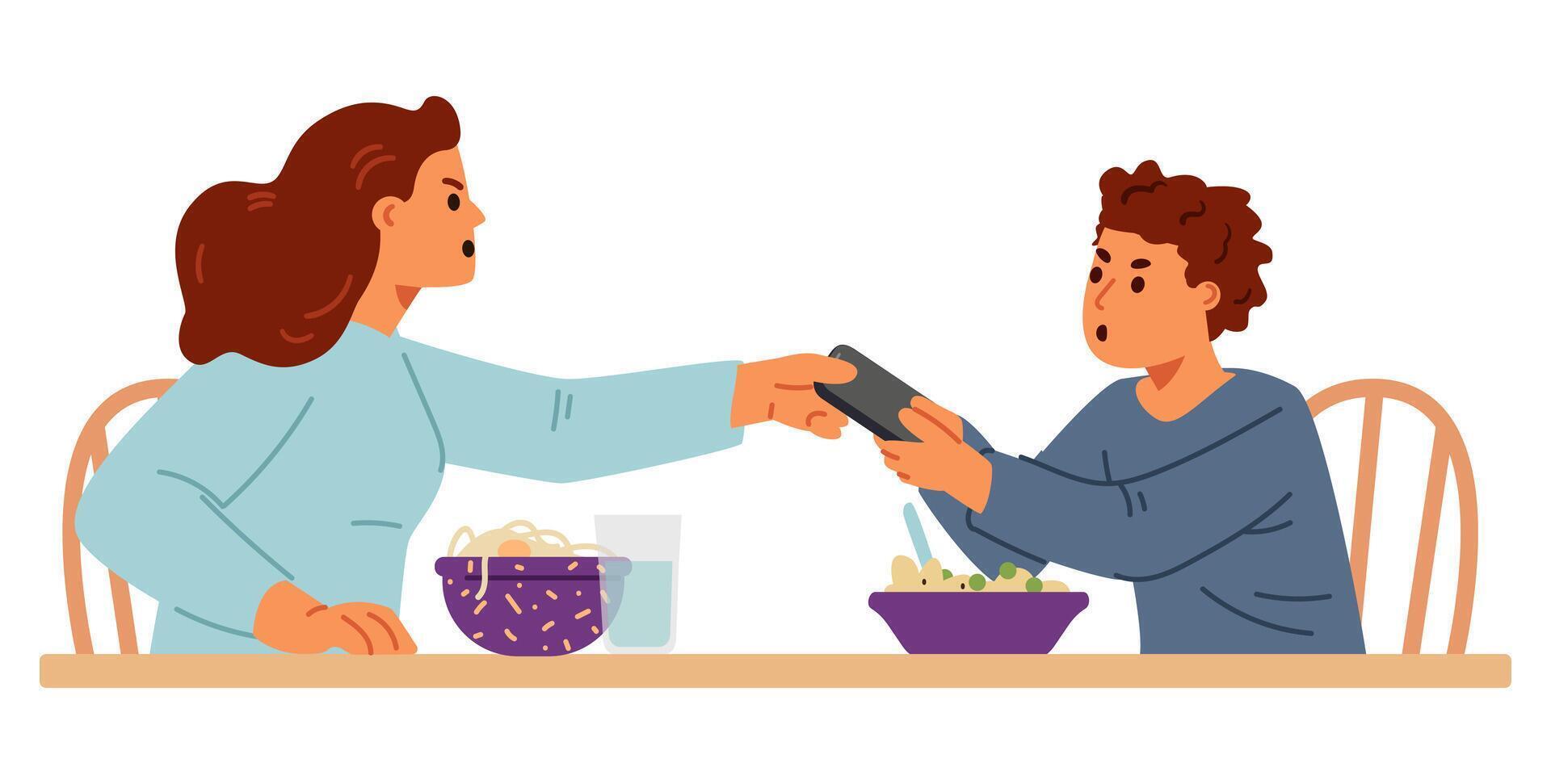 Angry mother takes away a smartphone from her teenage son at the dinner table flat illustration isolated on white. vector