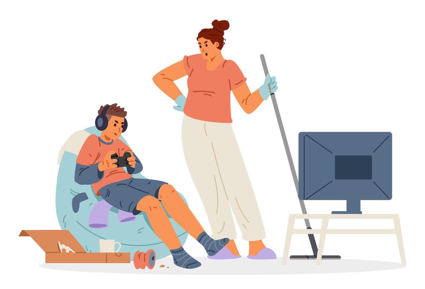 Mother arguing with game addicted teen son flat illustration isolated on white. Teenage boy playing and ignoring angry mother. vector