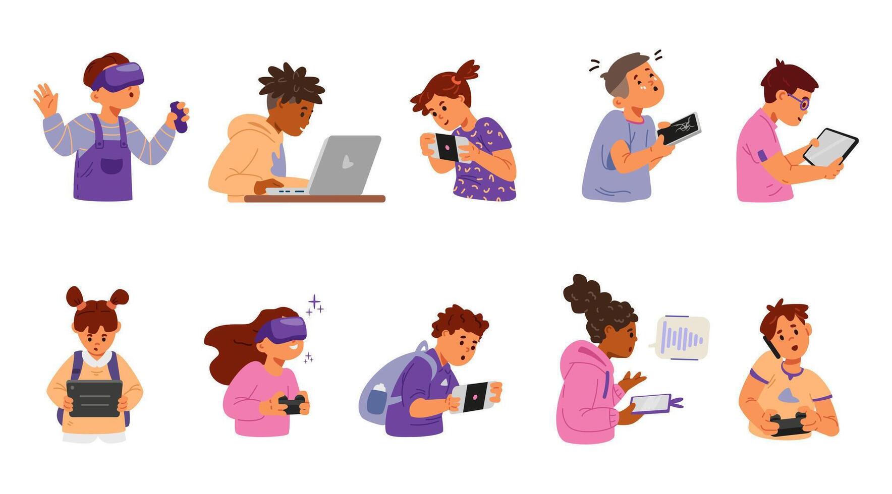 Elementary school children of different ethnicity using gadgets flat illustrations set. Kids using laptop, smartphones, virtual reality glasses, tablets, gamepads. Gadget addiction. vector