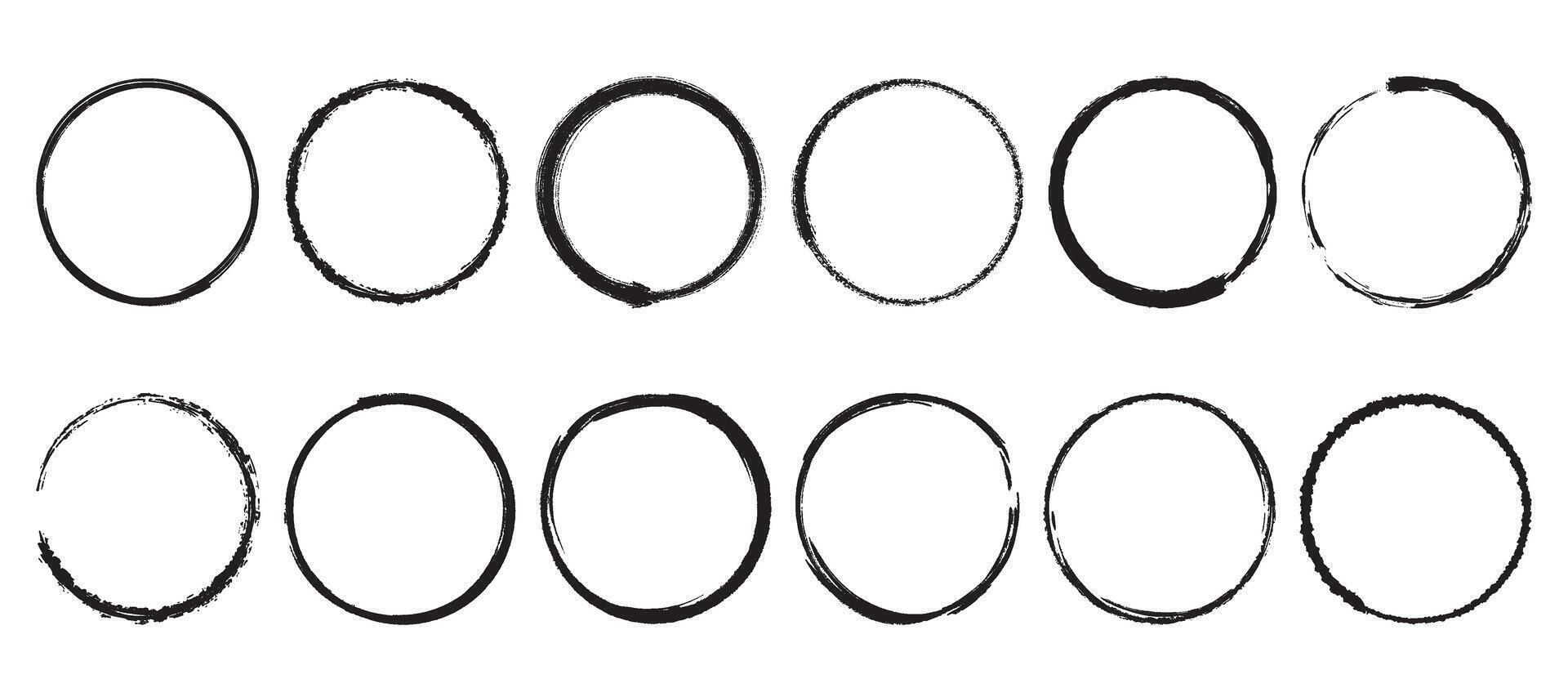 Grunge round ink shapes set. Collection of circular black rough shapes. Simple circle frame clip art. graphics vector