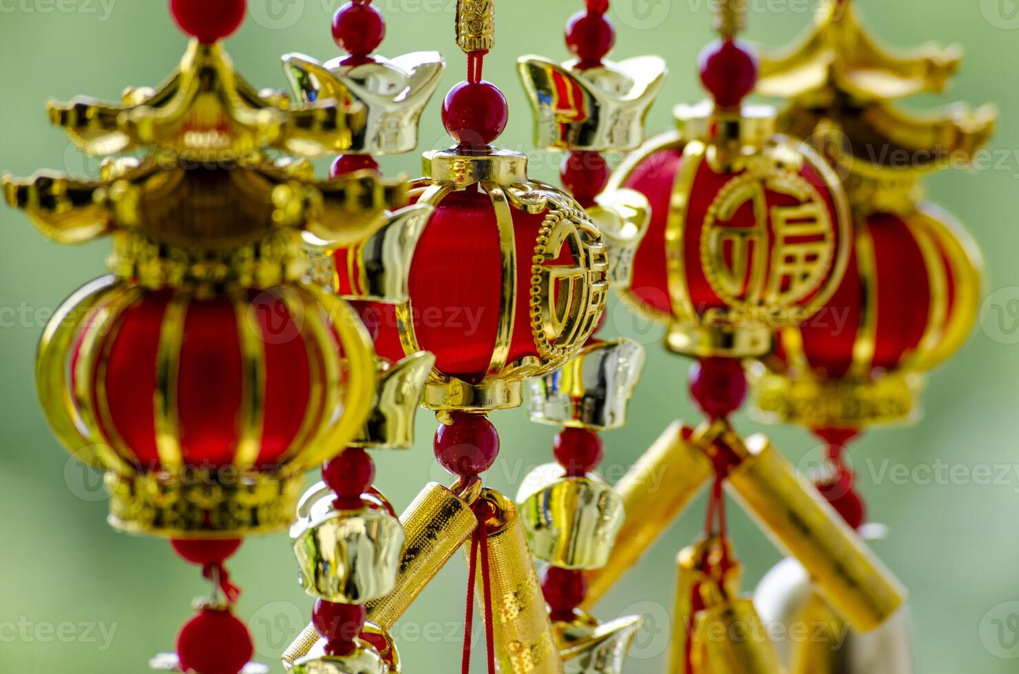 Chinese New Year lanterns and decoration with Chinese word meaning Good Fortune and Blessing. Chinese New Year celebration concept. photo