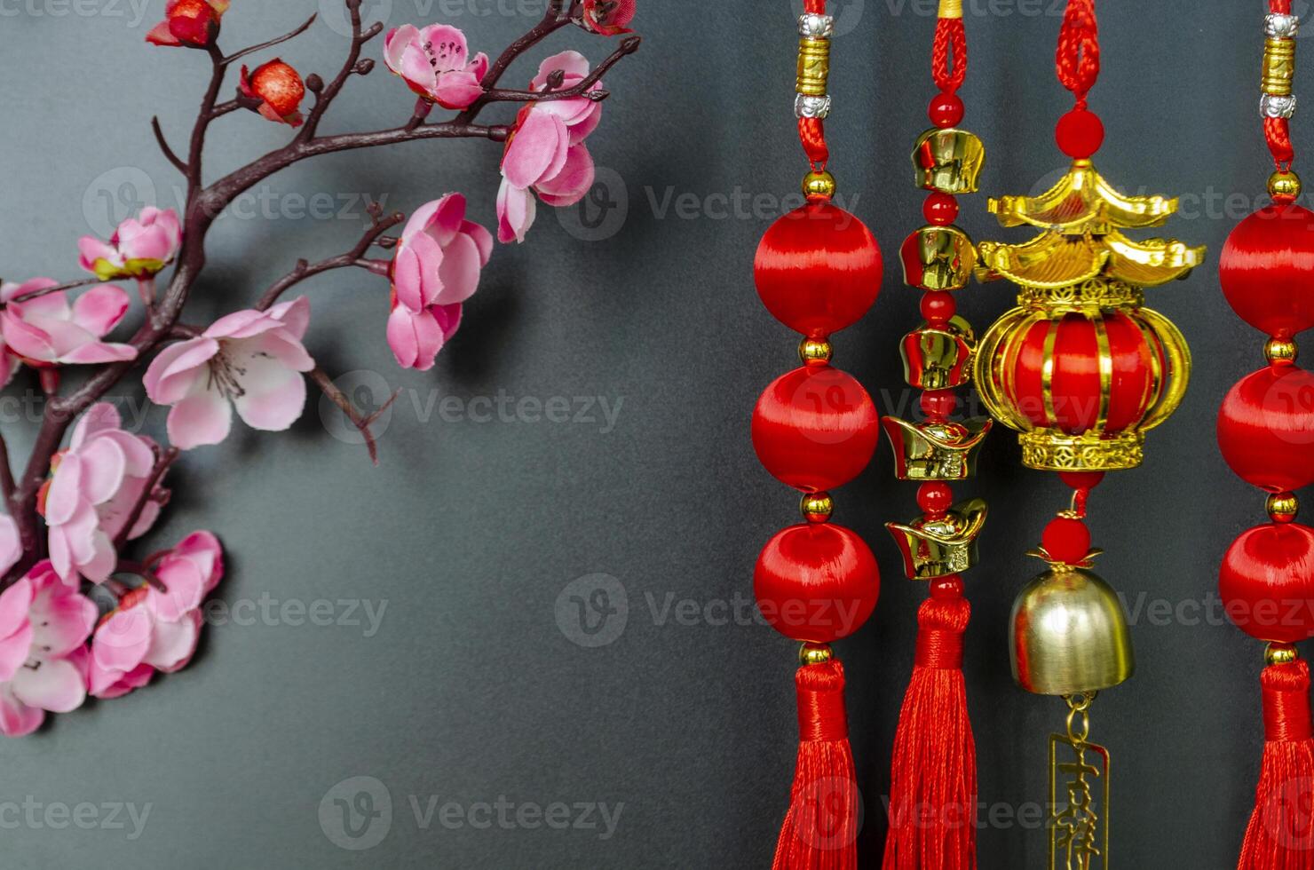 Chinese New Year decoration with Chinese Character on hanging lantern meaning safe journey and blessing with customizable space for text photo