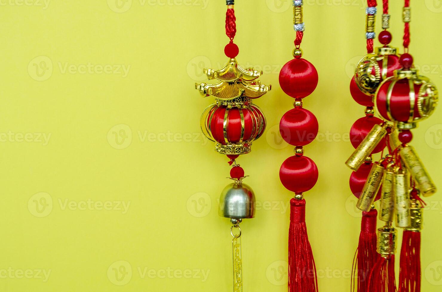 Chinese New Year decoration on yellow cover with customizable space for text. Chinese New Year celebration concept photo