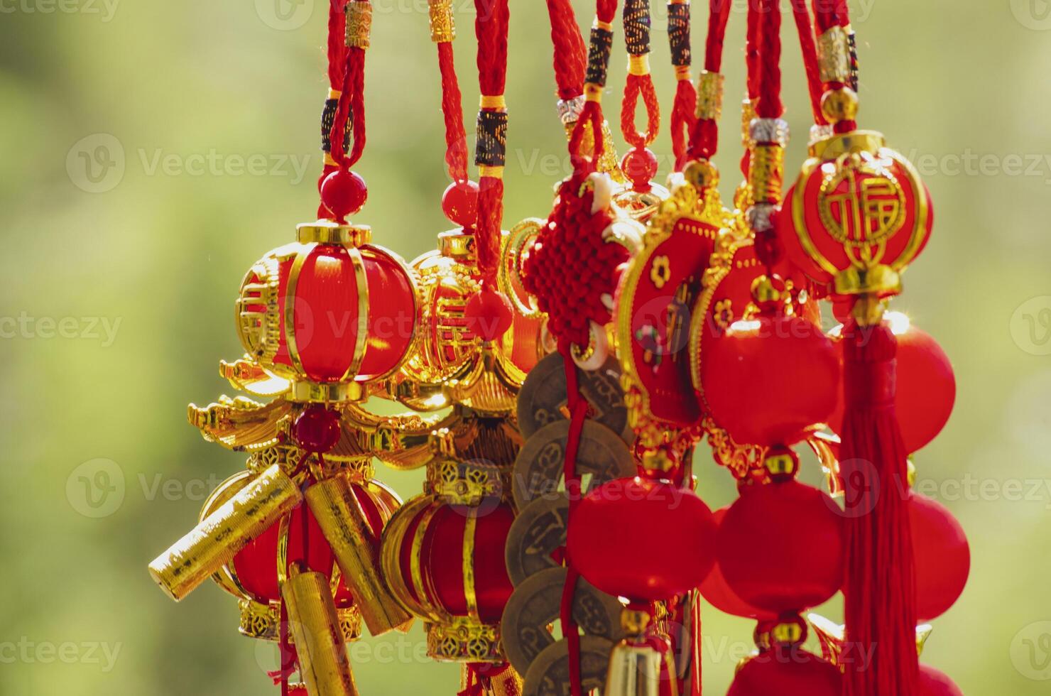 Chinese New Year lanterns and decoration with Chinese word meaning Good Fortune and Blessing. Chinese New Year concept photo