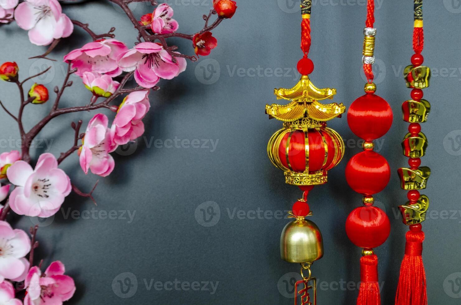 Chinese New Year decoration on black cover background with customizable space for text. Chinese New Year celebration concept photo