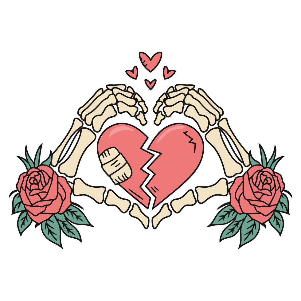Skeleton Hands Holding Broken Heart with Roses Illustration vector