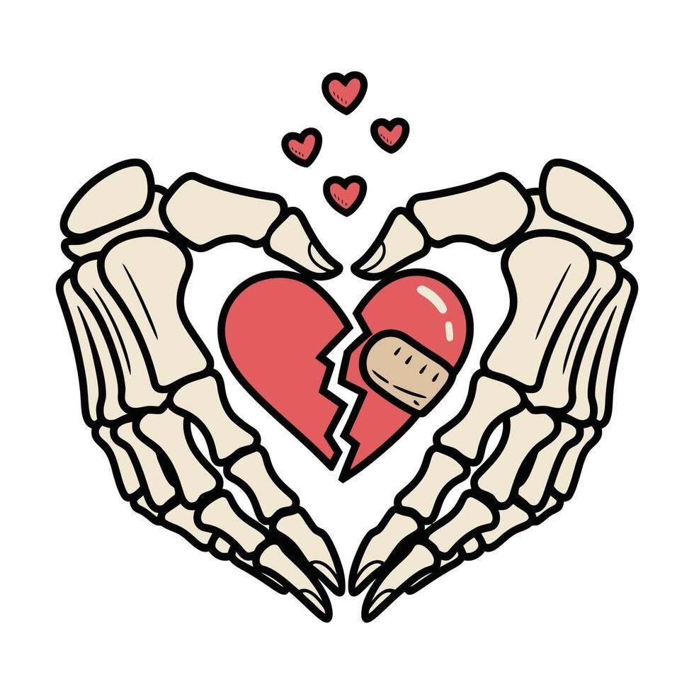 Skeleton Hands Holding Broken Heart Illustration vector