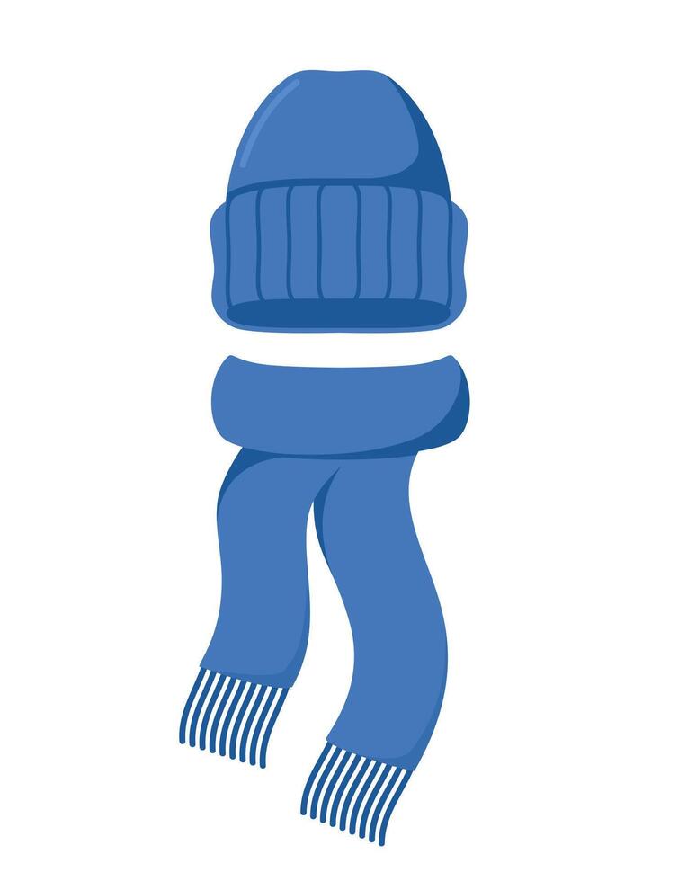 Modern winter knitted hat with pompon and scarf set. illustration. vector