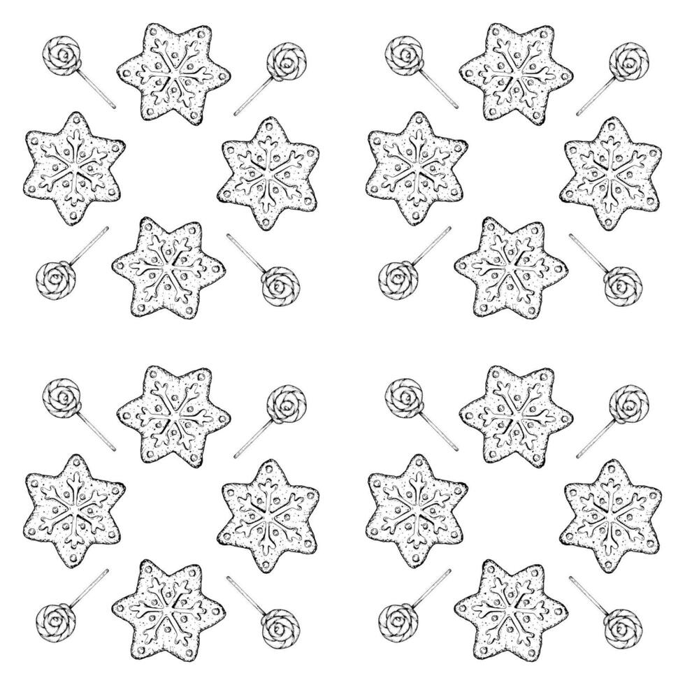 Merry Christmas treat, gingerbread snowflake with icing, lollipop, candy. hand drawn seamless pattern with ink. Symbol of winter mood. New Year sweetness for bakery packaging, printing, gifts vector