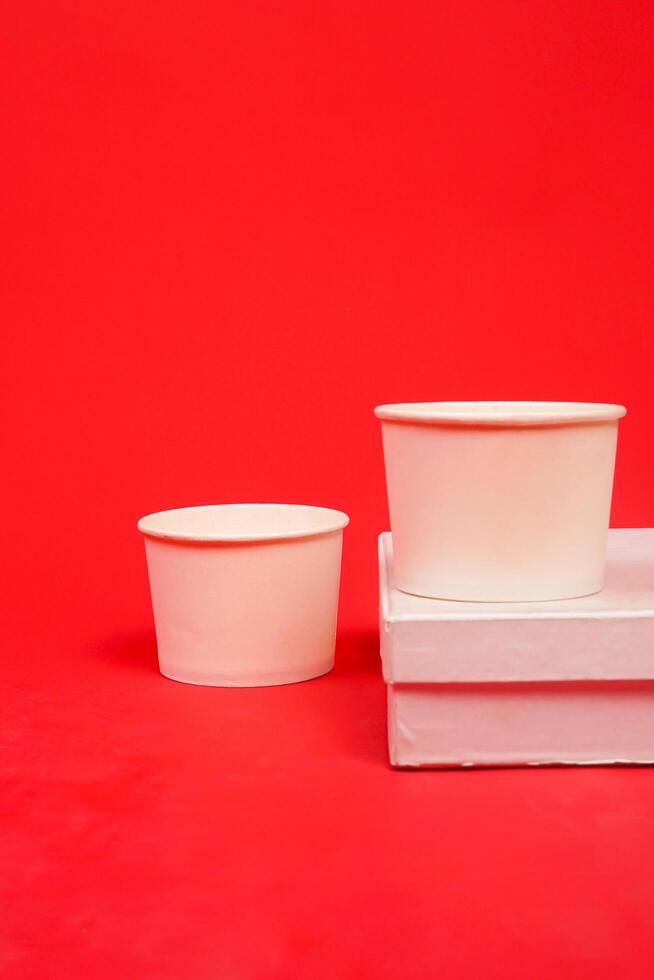 Disposable kraft paper bowls, isolated on red background. High resolution photo. photo