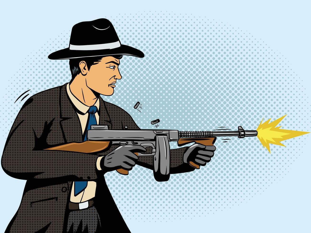 Gangster shoots machine gun pop art retro style illustration. Comic book imitation vector