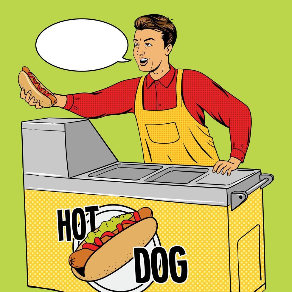 Hot dog guy pop art cartoon style illustration. Comic book imitation. Hot dog vendor. vector