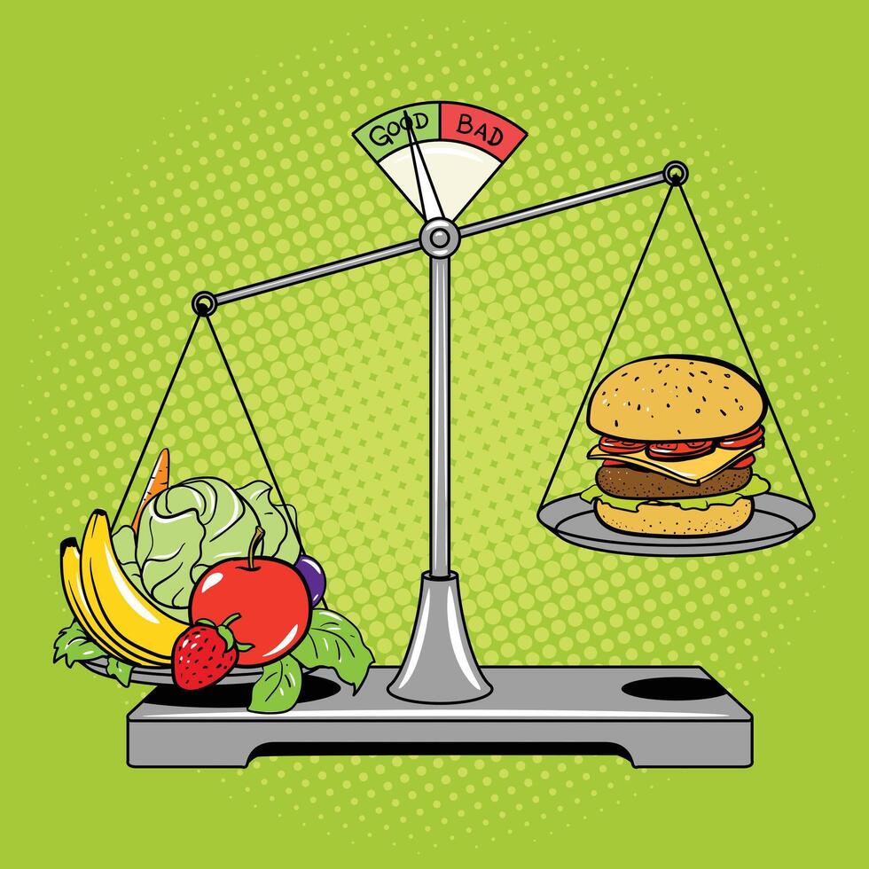 Balance scales with food comic book pop art retro style illustration. Healthy food vector
