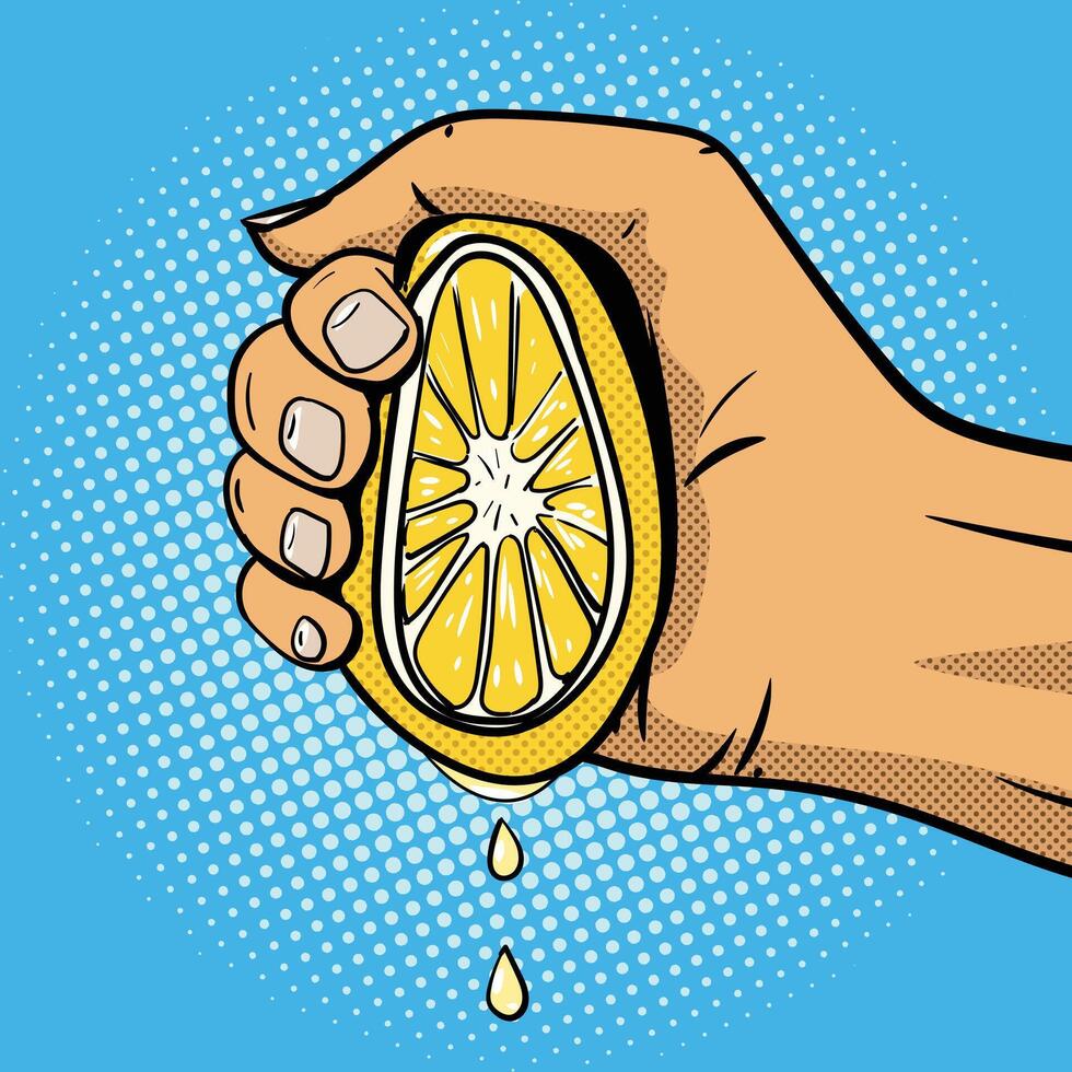 Hand squeezes lemon pop art comic book style illustration vector