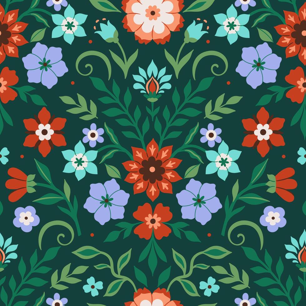 Floral pattern in folk style on green background. graphics. vector
