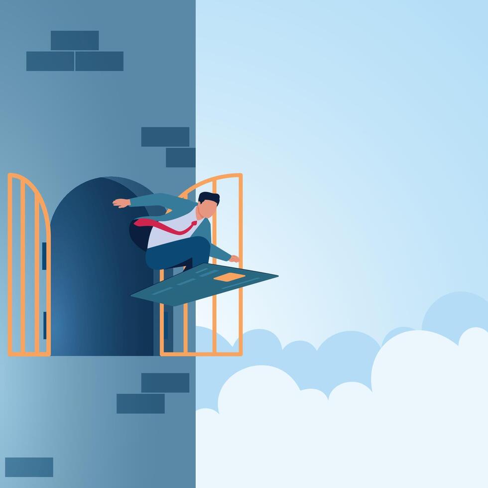 A man flying out of a castle window on a credit card. Illustration for financial freedom, wealth and riches. vector