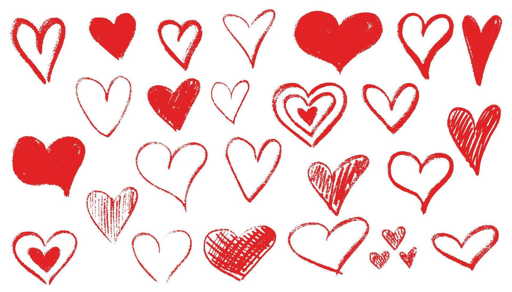Charcoal hearts set. Hand drawn freehand different love hearts. Chalk drawn sketch for Valentines Day and romantic. kit of textural crayon drawings of simple shapes. vector