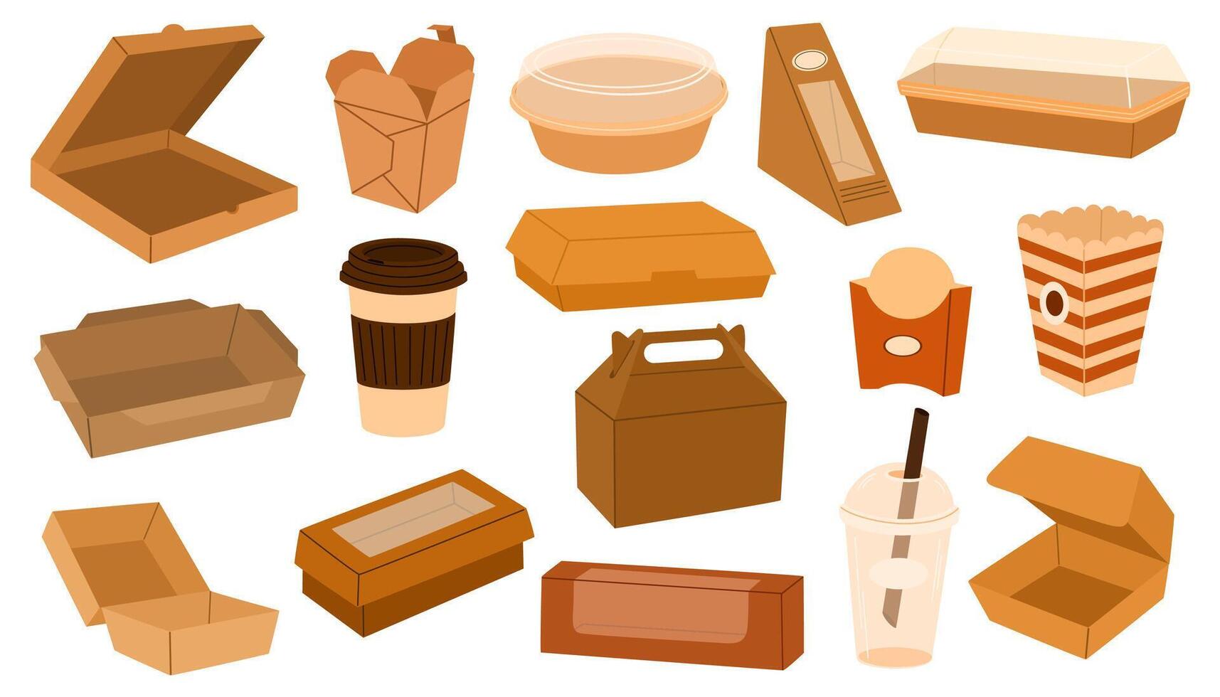 Cardboard food boxes set. Takeaway containers. Paper and plastic takeaway containers set. Empty snack packaging. Carton disposable, recyclable packs. illustrations isolated on white background vector