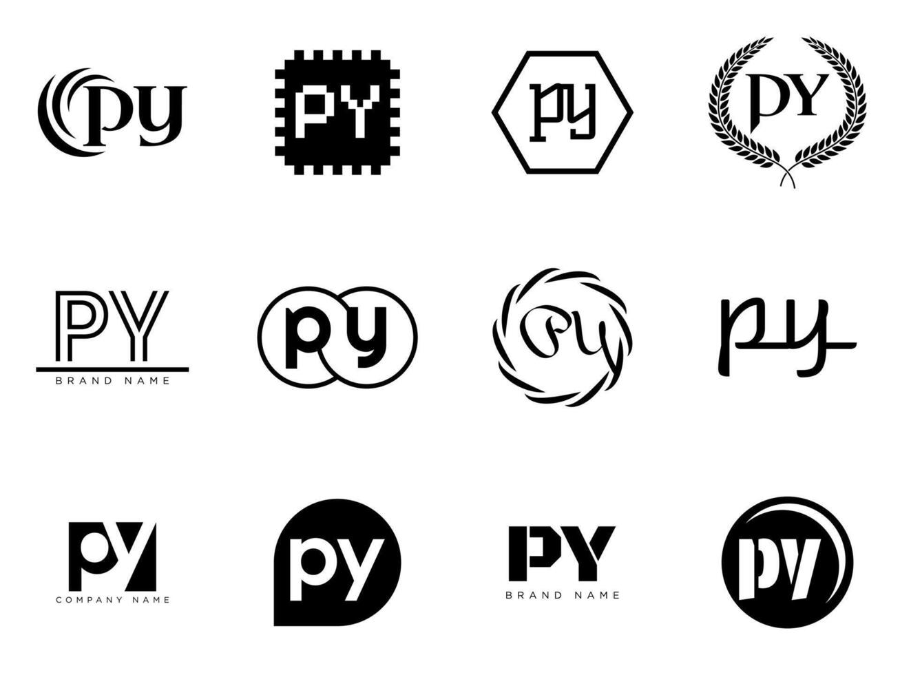 PY logo company template. Letter p and y logotype. Set different classic serif lettering and modern bold text with design elements. Initial font typography. vector