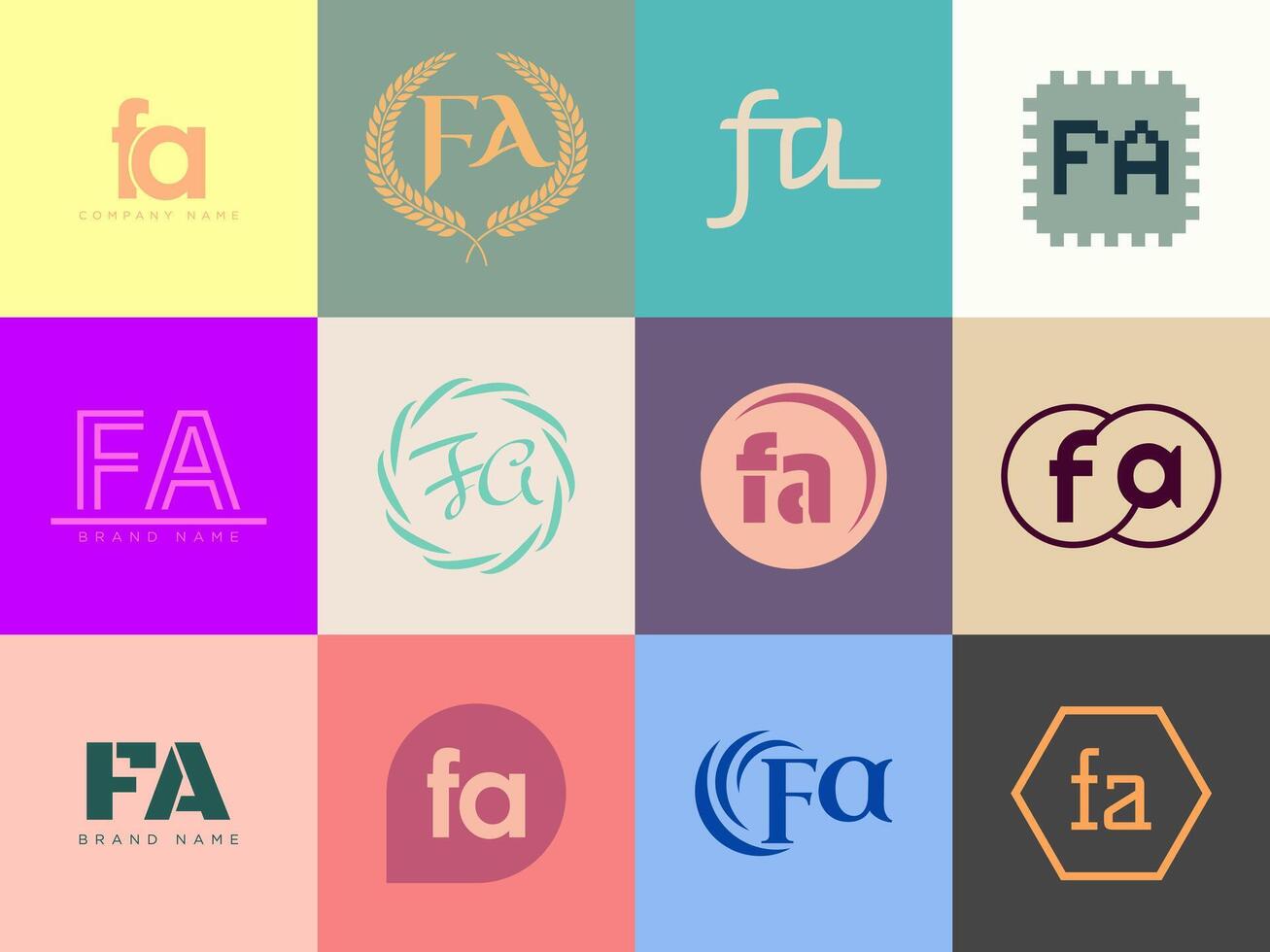 FA logo company template. Letter f and a logotype. Set different classic serif lettering and modern bold text with design elements. Initial font typography. vector