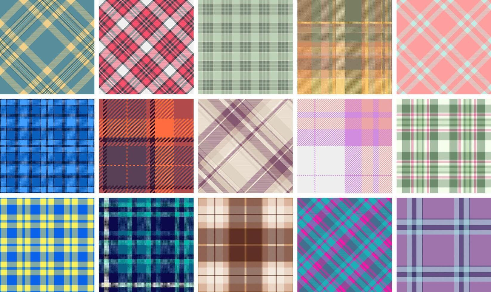 Fashionable plaid fabric designs with stripes and check patterns, perfect for repeating textile prints or trendy shirt materials. vector