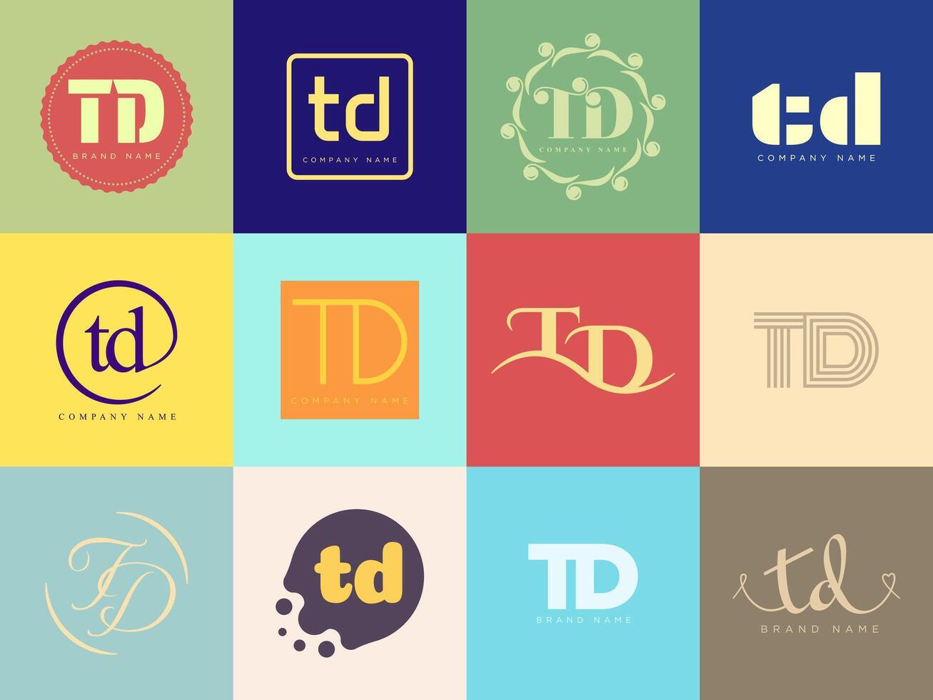 TD logo company template. Letter t and d logotype. Set different classic serif lettering and modern bold text with design elements. Initial font typography. vector