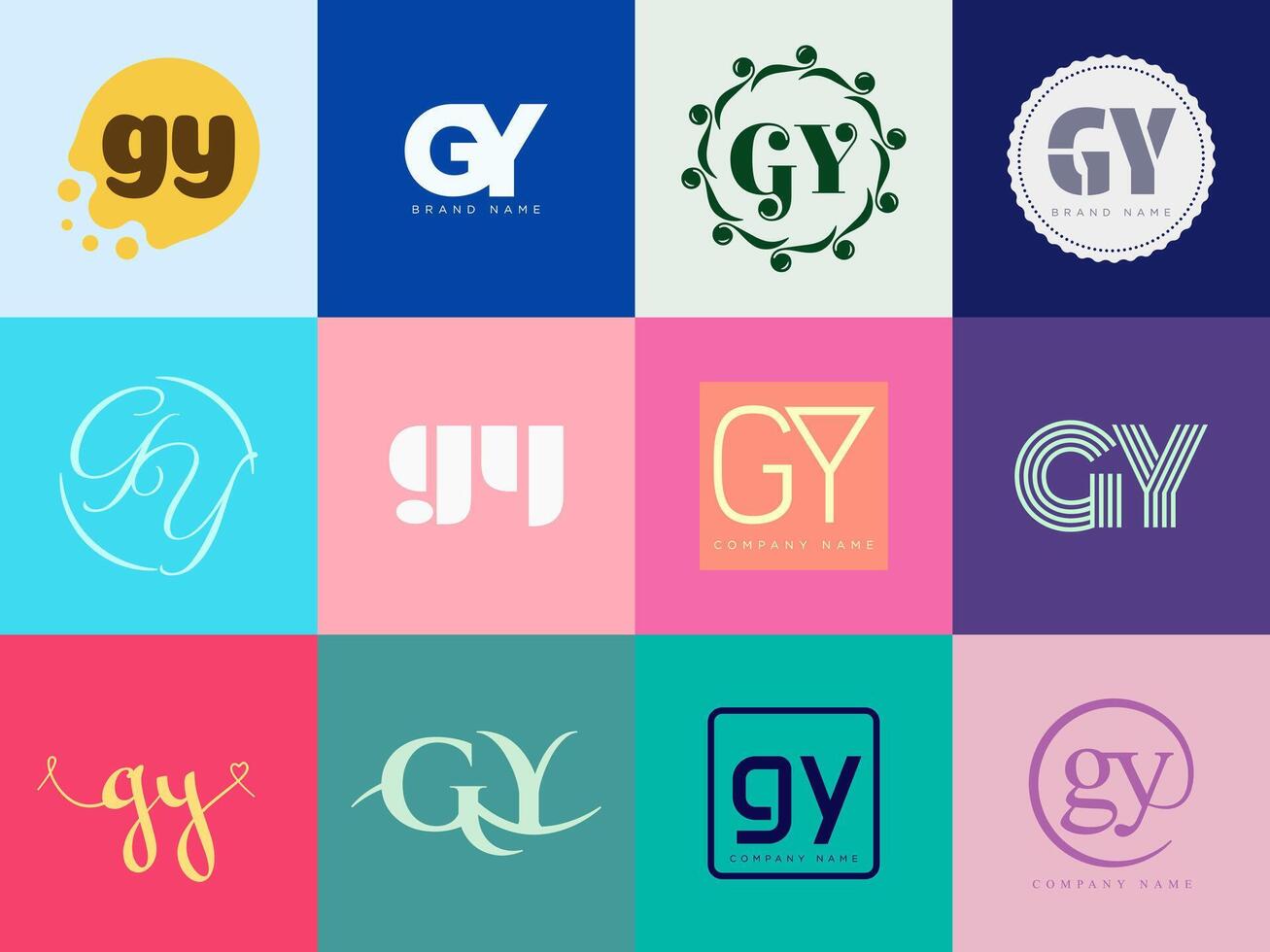 GY logo company template. Letter g and y logotype. Set different classic serif lettering and modern bold text with design elements. Initial font typography. vector